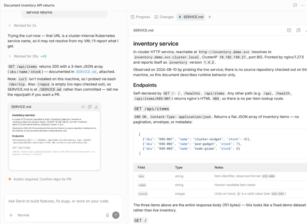 The finished Devin session documenting the internal inventory service, with SERVICE.md open beside the conversation