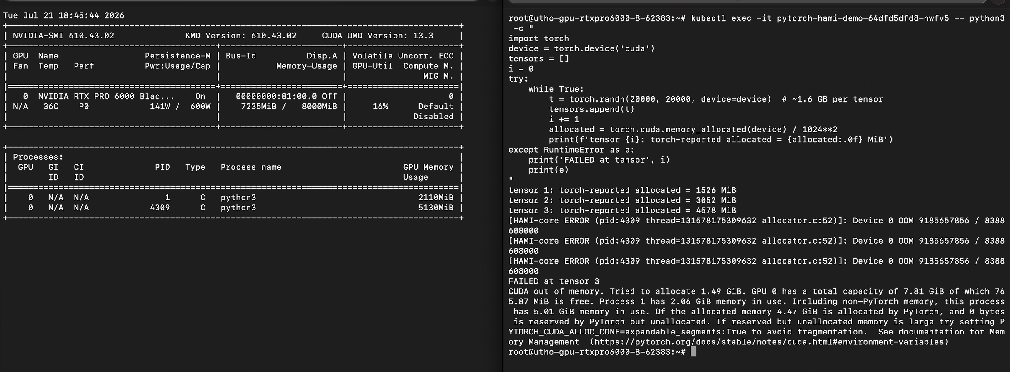 The pod's virtualized nvidia-smi pinned near its 8000MiB grant while hami-core rejects the next allocation