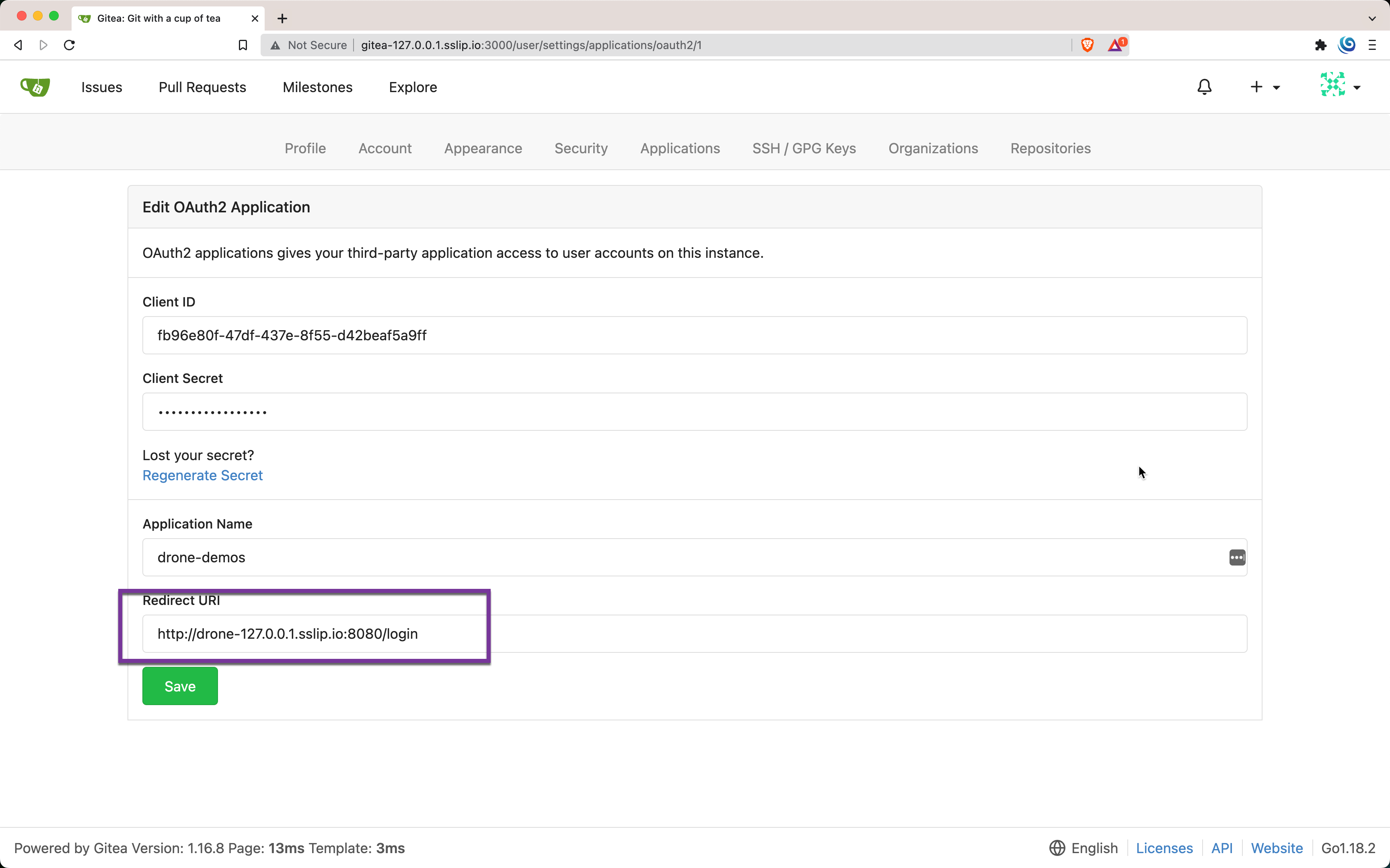 Drone Gitea oAuth2 Application Details